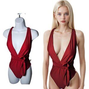 150.🆕Med  Deep V Neck Crisscross Back Self Tie Red Swimsuit NWOT